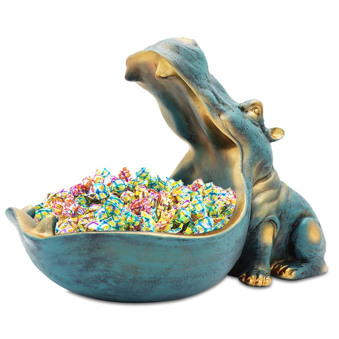 aboxooHippo Statue Home Resin Hippopotamus Figurine fun candy dish Halloween Candy bowl,Key bowl,big mouth Sculpture Table Art Decoration Sundries Container Storage Box(Dark Blue)