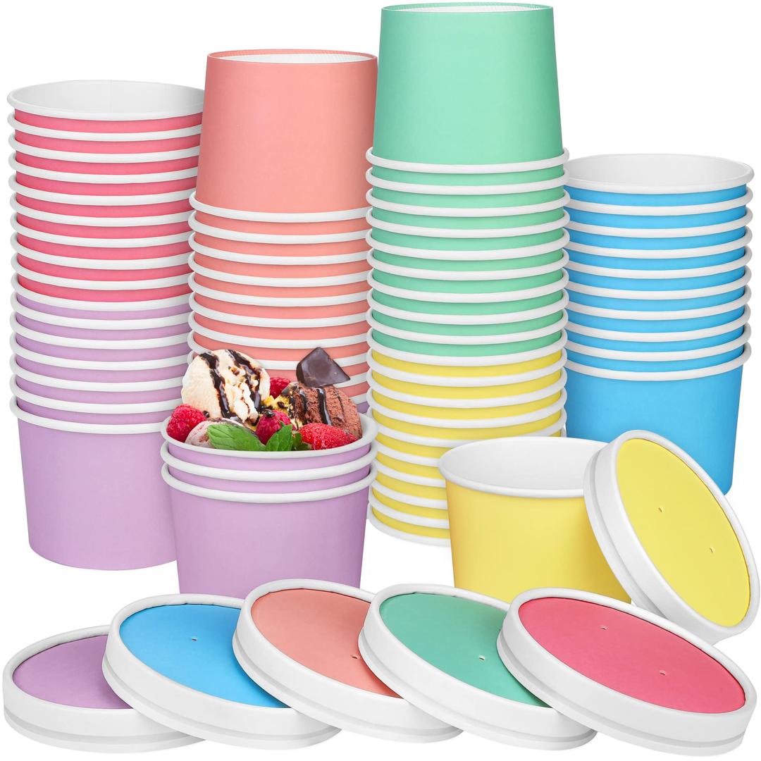 Aodaer 60 Pack Paper Ice Cream Cups with Lids 8 Ounces Paper Treat Bowls Ice Cream Containers Disposable Dessert Bowls for Hot and Cold Party Supplies Treat Dessert Cups for Sundae Frozen Yogurt