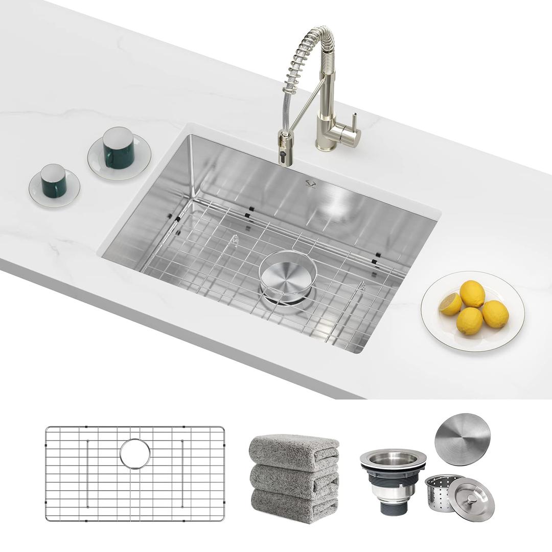 kitchen Sinks 23x18 inch Undermount kitchen sink stainless steel sink 16 Gauge Single Bowl kitchen sinks Set (5 Item Bundle: Sink, Bottom Grid, Drain Assembly, Drain Cap, Kitchen Towel)