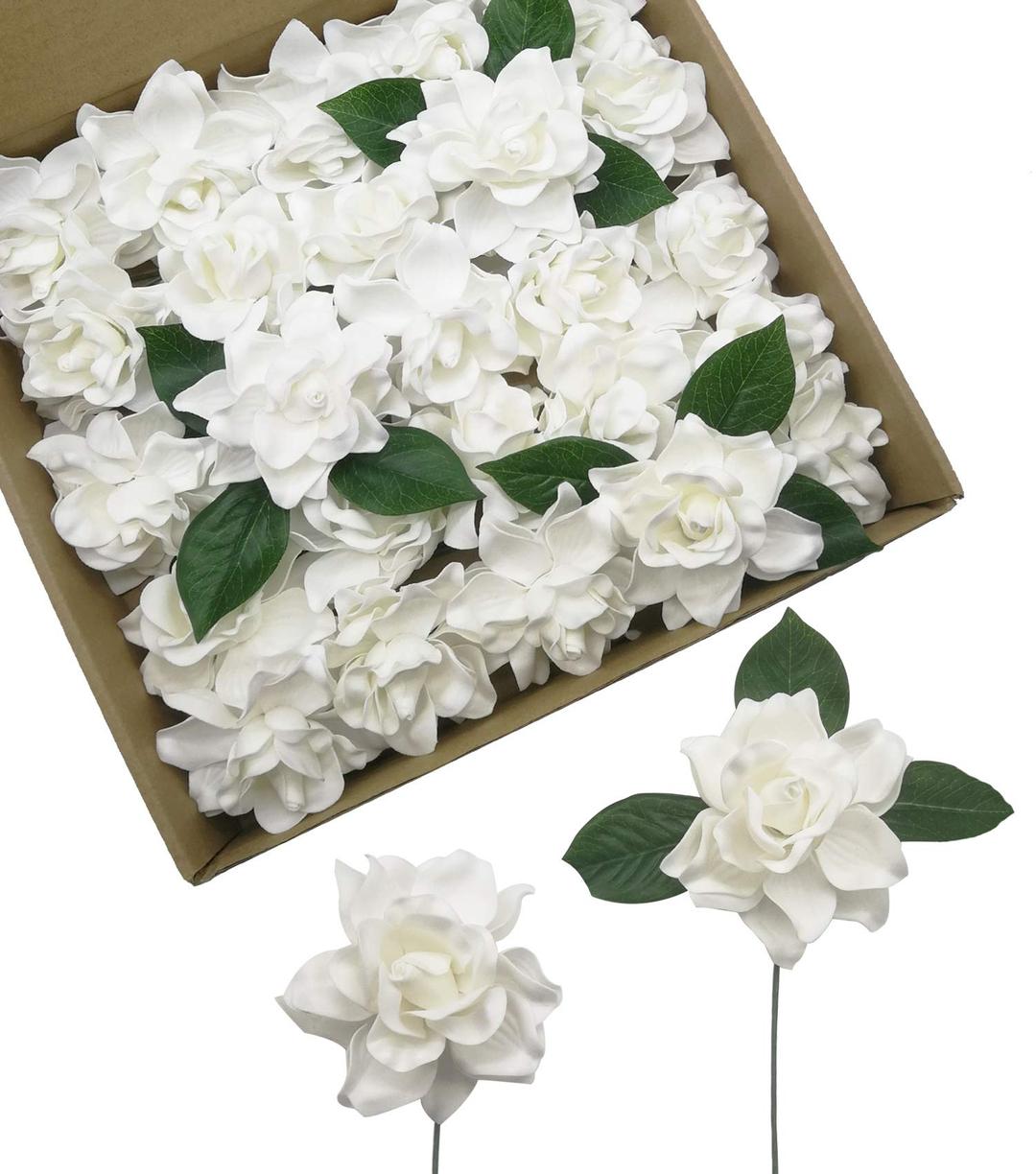 D-Seven Artificial Flowers 25pcs Gardenia Flowers with Stem for Wedding Flowers Centerpieces Bridal Shower Baby Shower Decorations DIY Wedding Bouquets Party Home Decor (White)