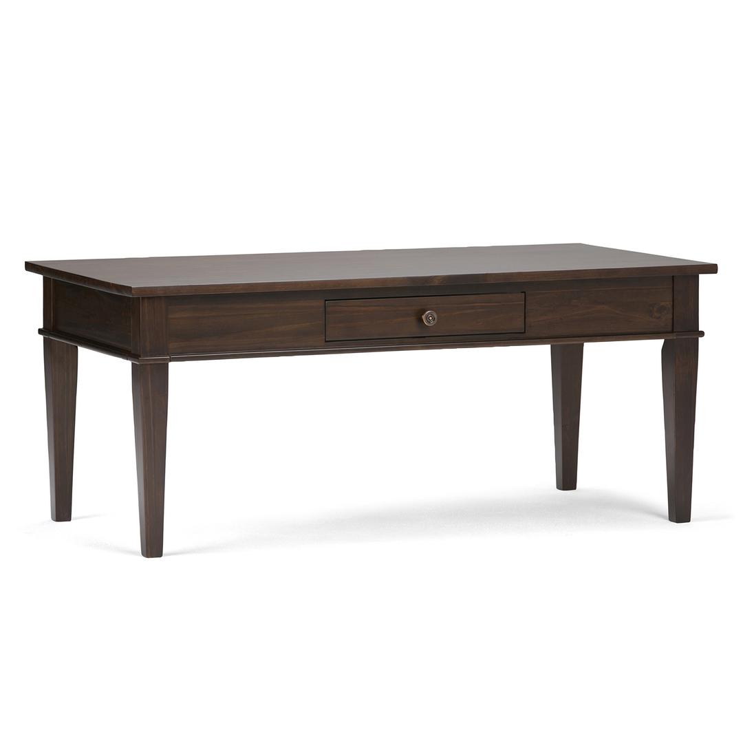 SIMPLIHOME Carlton SOLID WOOD 44 inch Wide Rectangle Transitional Coffee Table in Dark Tobacco Brown, for the Living Room and Family Room