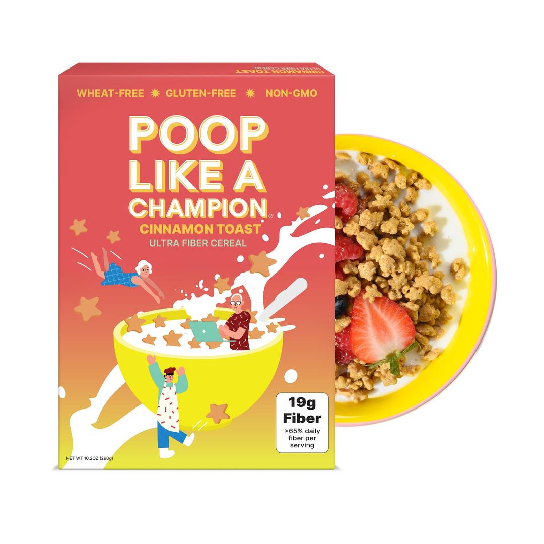 Poop Like A Champion High Fiber Cereal - Cinnamon Toast Flavor | Keto Friendly Low Carb Gluten Free & Healthy | Breakfast Essentials with Soluble, Insoluble & Psyllium Husk Powder