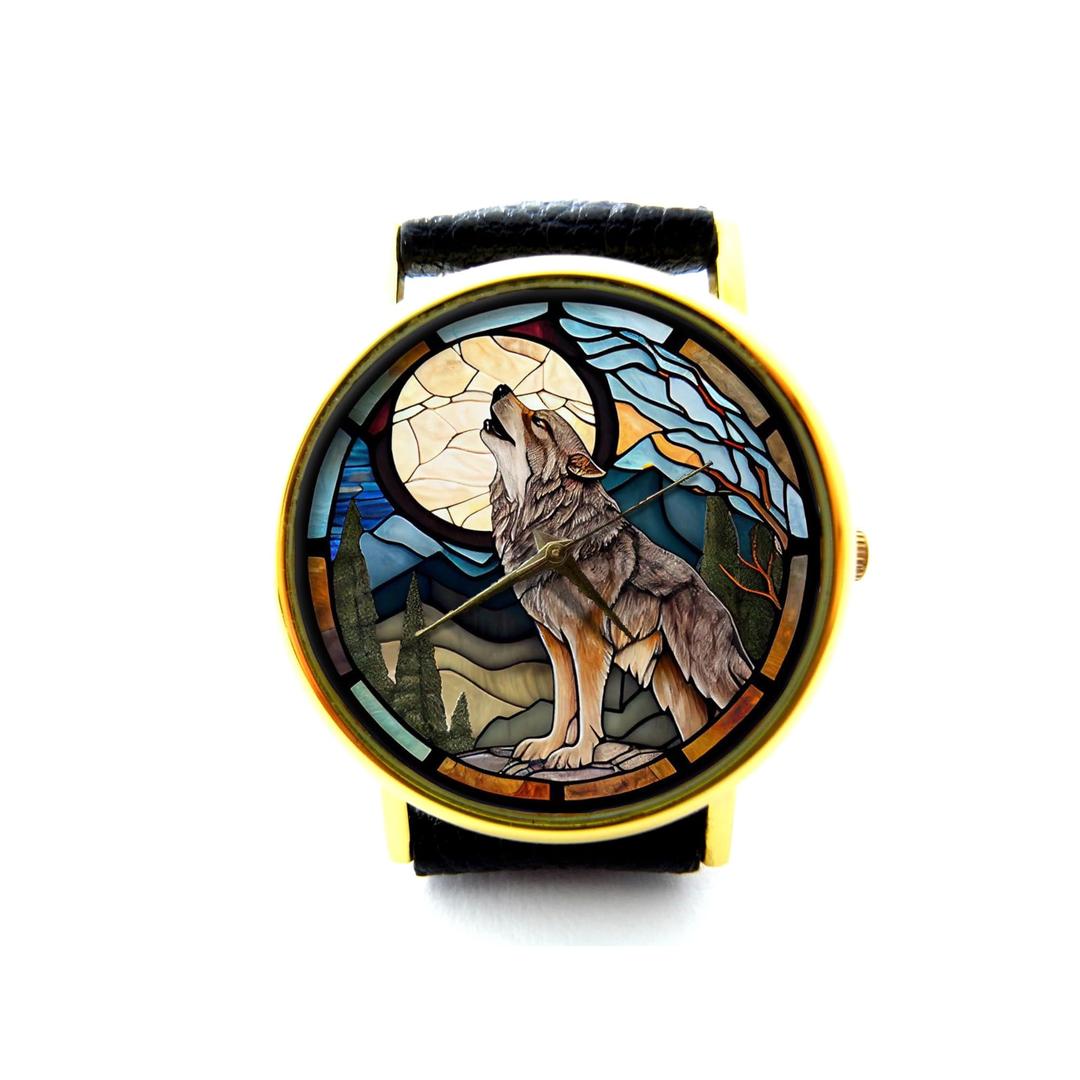 Wolf and Moon Leather Watch, Wolf Wrist Watch, Unisex Watch, Ladies Watch, Mens Watch, Personalized Watch, Wolf Jewelry P529