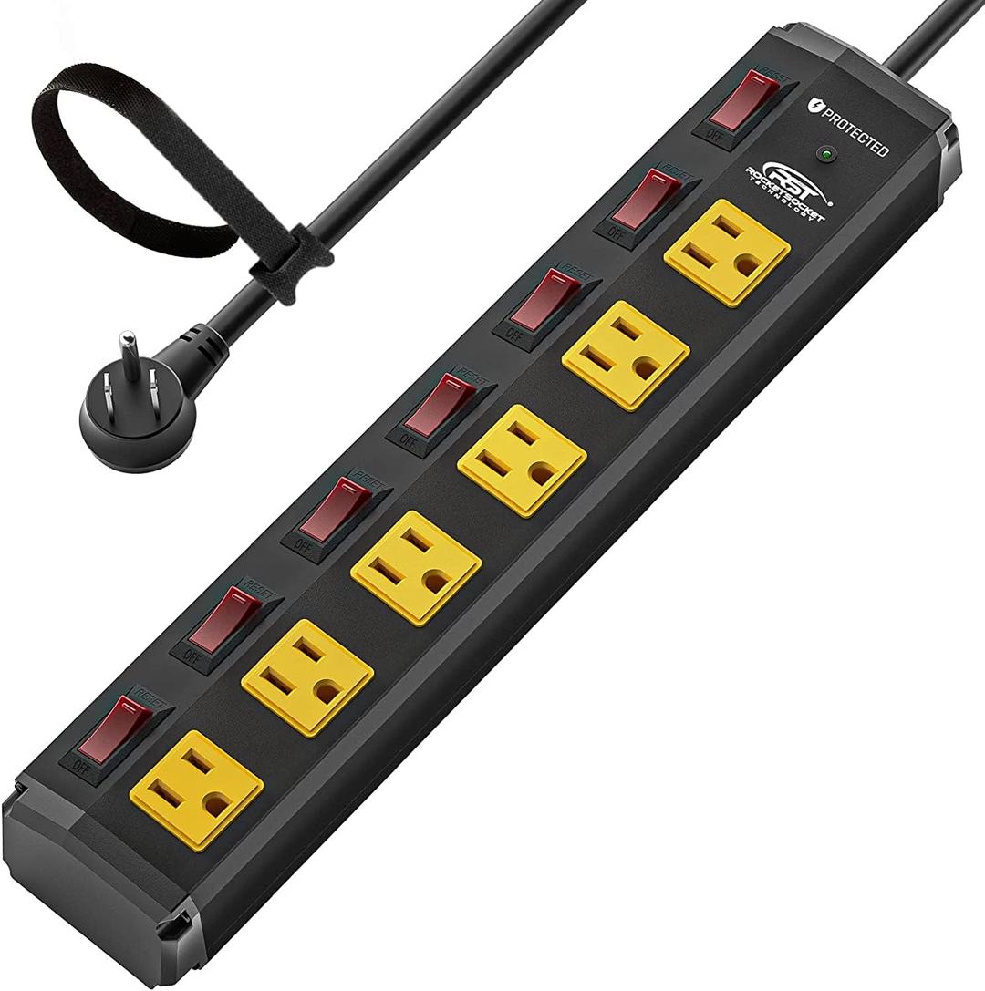 CRST 6 Outlet Metal Heavy Duty Power Strip with Individual Switches, 6FT Wide Spaced Garage Power Strip, Mountable Power Strip Surge Protector (1200 Joules), 15amp/1875W, 14AWG SJT Power Cord