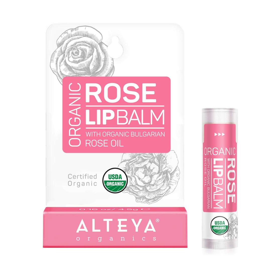 AlteyaOrganic Lip Balm Rose 4,5g - USDA Certified Organic Pure Natural Replenishing Lip Care based on Bulgarian Rose Essential Oil and a Bouquet of Hydrating and Nourishing Botanical Butters