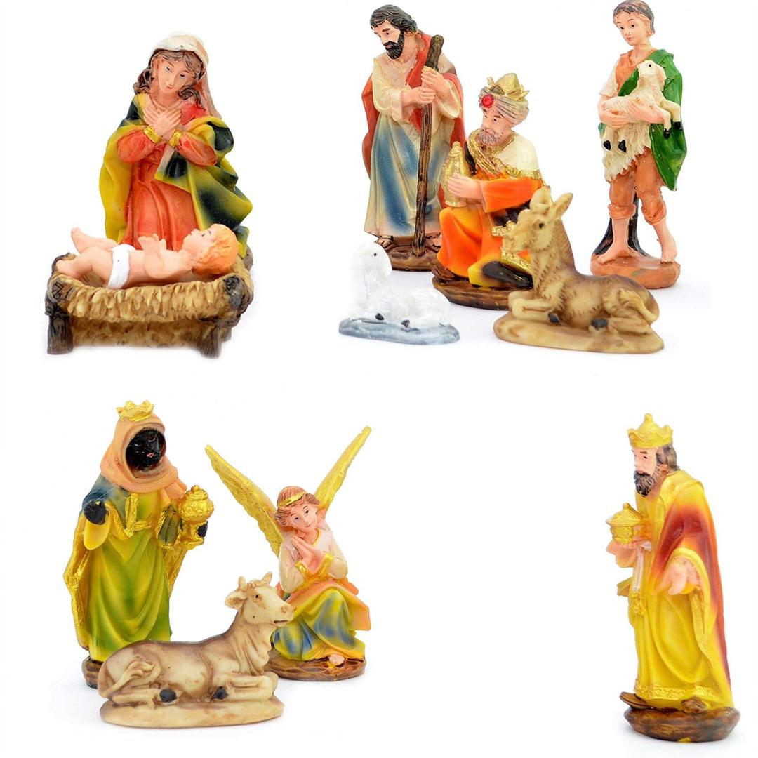 SHATCHI Small/Large Handmade Nativity Scene Birth Jesus Christ Wooden Stable and 10pcs/12pcs Figurine House Sculpture Christmas Decoration Xmas Décor, Multicolour, 12pcs Figures