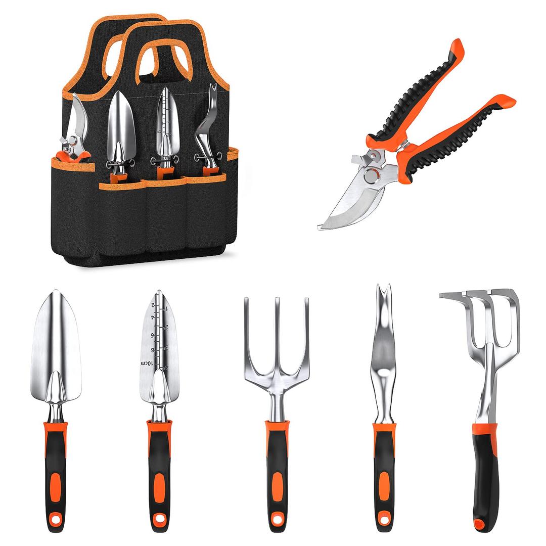 Garden Tools Set, JUMPHIGH 7 Piece Heavy Duty Gardening Tools Includes Hand Trowel Rake Weeder Pruner Shears, Aluminum Alloy Garden Kit with Garden Tote, Gardening Gifts for Men Women