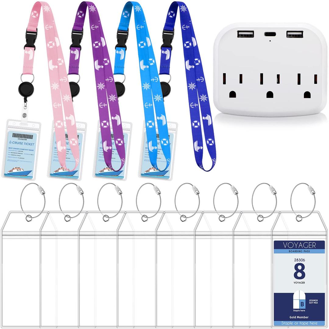 Carnival Cruise Essentials Kit Include 4 Pcs Cruise Lanyard 8 Pcs Clear Luggage Tag with Stainless Steel Loop 4 Pcs PVC Card Holders and Power Strip for Cruise