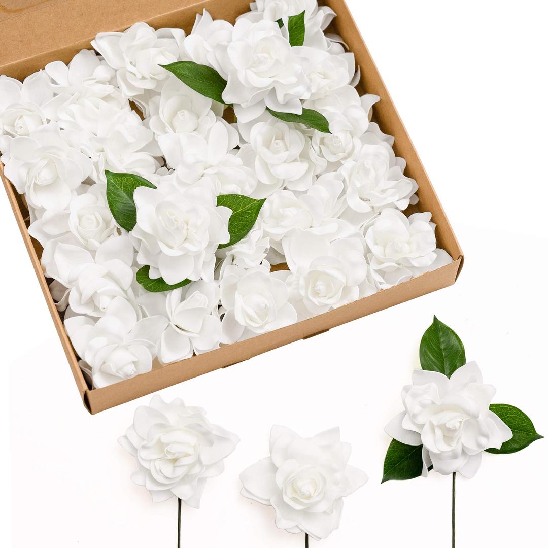 Ling's MomentFlowers 25pcs 2.7" Fake Gardenia White Artificial Flowers with Stem, Fake Flowers for DIY Wedding Decorations Centerpieces Bouquets Boutonnieres（Flores Artificiales para Decoracion）