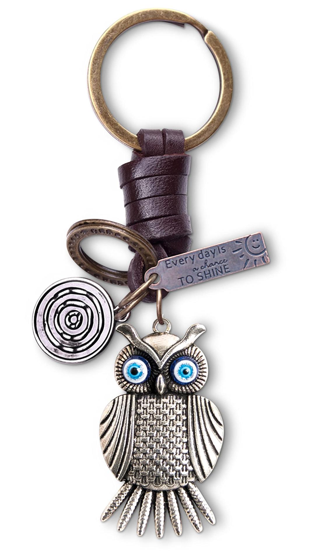 AuPra Silver Owl Leather KeyRing Gift Women & Men Best Friend Home Bird KeyChain Mum & Dad Teacher Handbag Charm Key Ring Girl & Boy Car Pendant