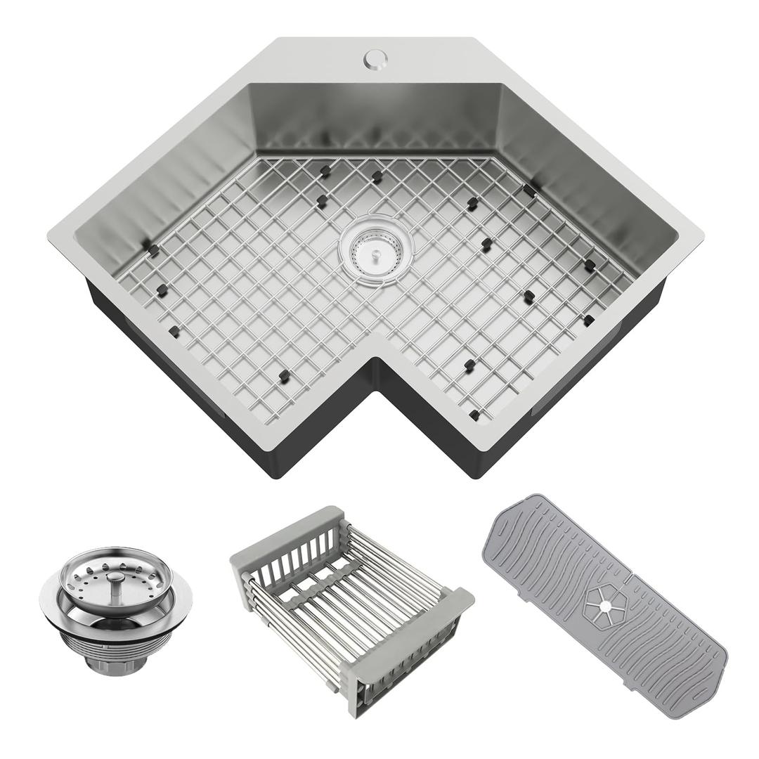 Corner Kitchen Sink, 25In Stainless Steel Drop In Corner Kitchen Sink Stylish and Modern Topmount Kitchen Sink With Bottom Grid,Silicon Mat,Colander And Drain Assembly Nice Solution For Kitchen Corner