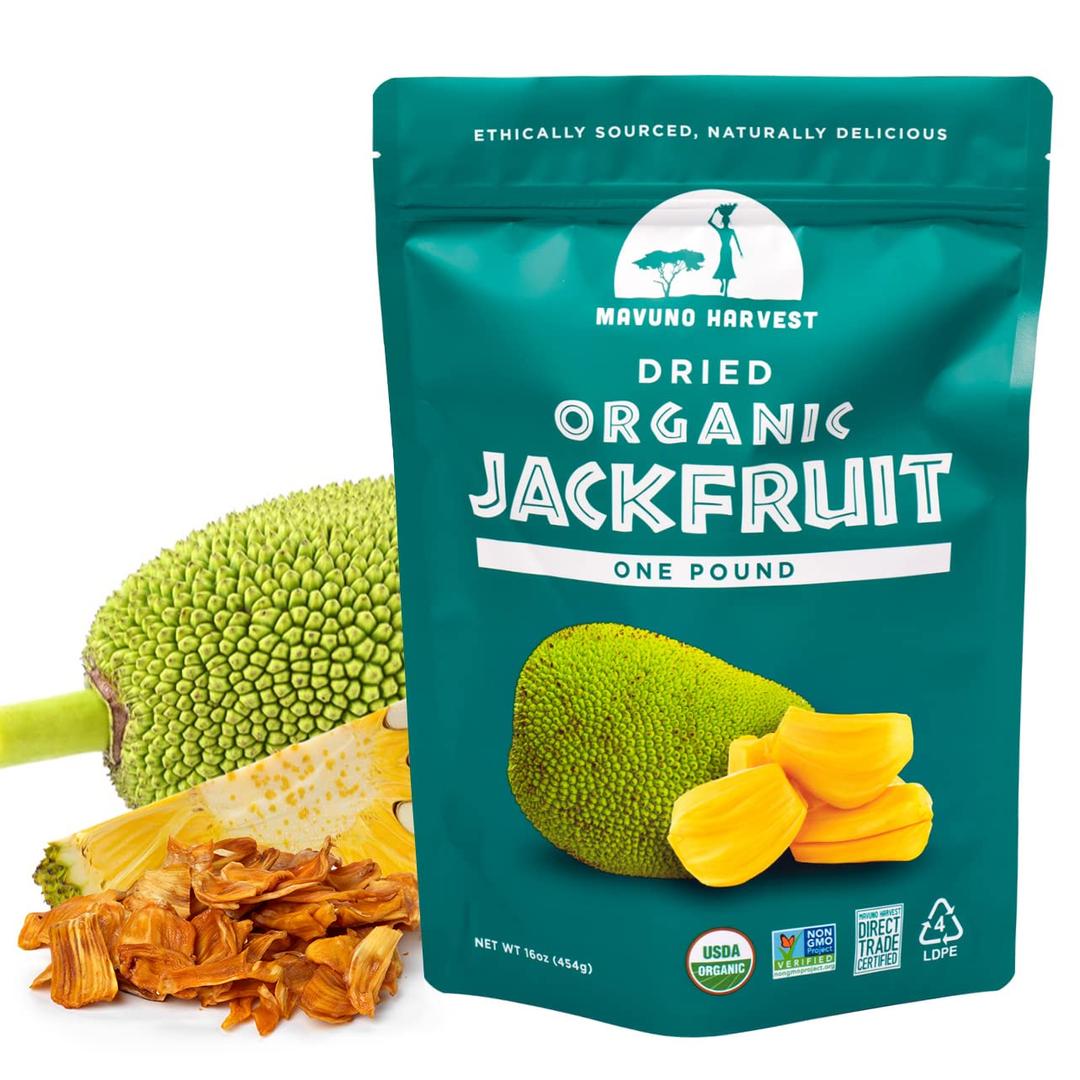 Mavuno Harvest Jackfruit Dried Fruit Snacks | Unsweetened Organic Dried Jackfruit Chips | Gluten Free Healthy Snacks for Kids and Adults | Vegan, Non GMO, Direct Trade | 1 Pound Bag