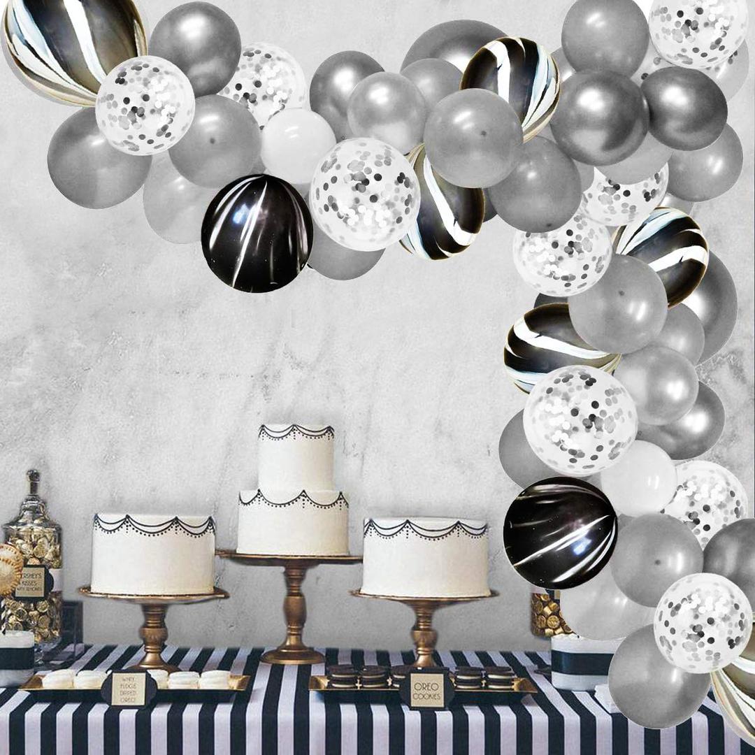 60Pcs Black and White Agate Marble Balloons - Black White Sliver Confetti Latex Balloons for for Black and White Birthday Party Decoration