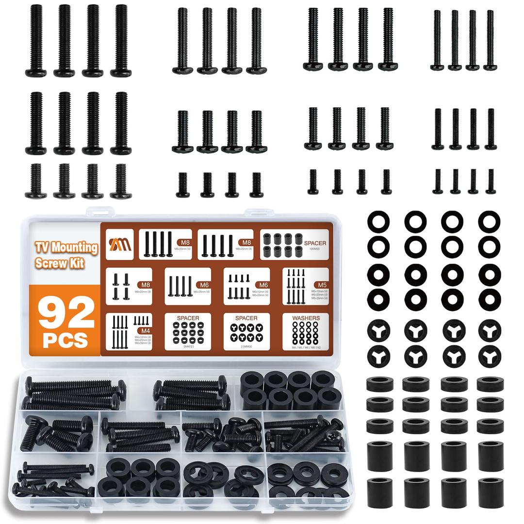 92PCS Universal TV Mounting Hardware Screw Kit Set - M4 M5 M6 M8 Screws, Spacers and Washers for Most TV/Monitor VESA Mount, TV Mount Replacement Screws with Box up to 80", Black