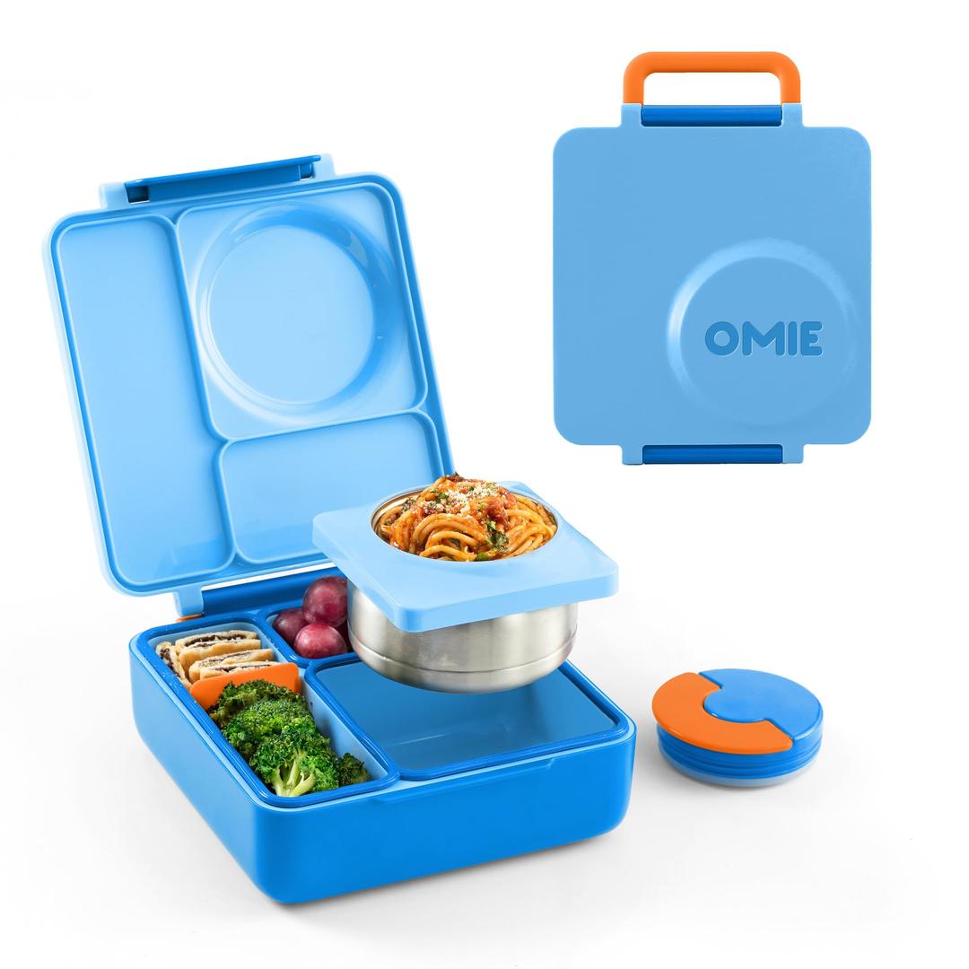 OmieOmieBox Bento Box for Kids - Insulated Lunch Box with Leak Proof Thermos Food Jar - 3 Compartments, 2 Temperature Zones (Blue Sky)