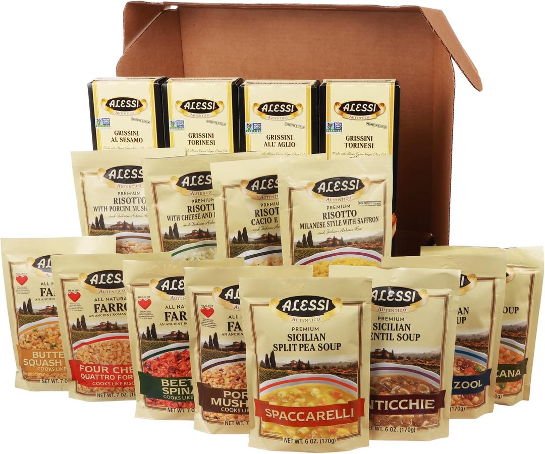 Alessi Taste of Italy Holiday Variety Gift Box, Sampler of Culturally Inspired Soups, Risottos, Farros and Premium Bread Sticks