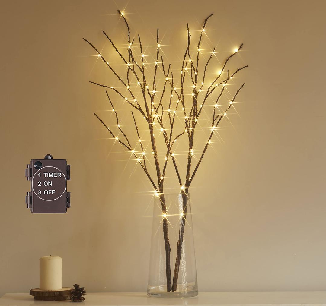 Hairui Lighted Willow Branches Brown with Fairy Lights Decor 32in 100LED, Pre lit Artificial Twig Branch Lights with Timer for Christmas Home Decoration Battery Operated 2 Pack (Vase Excluded)