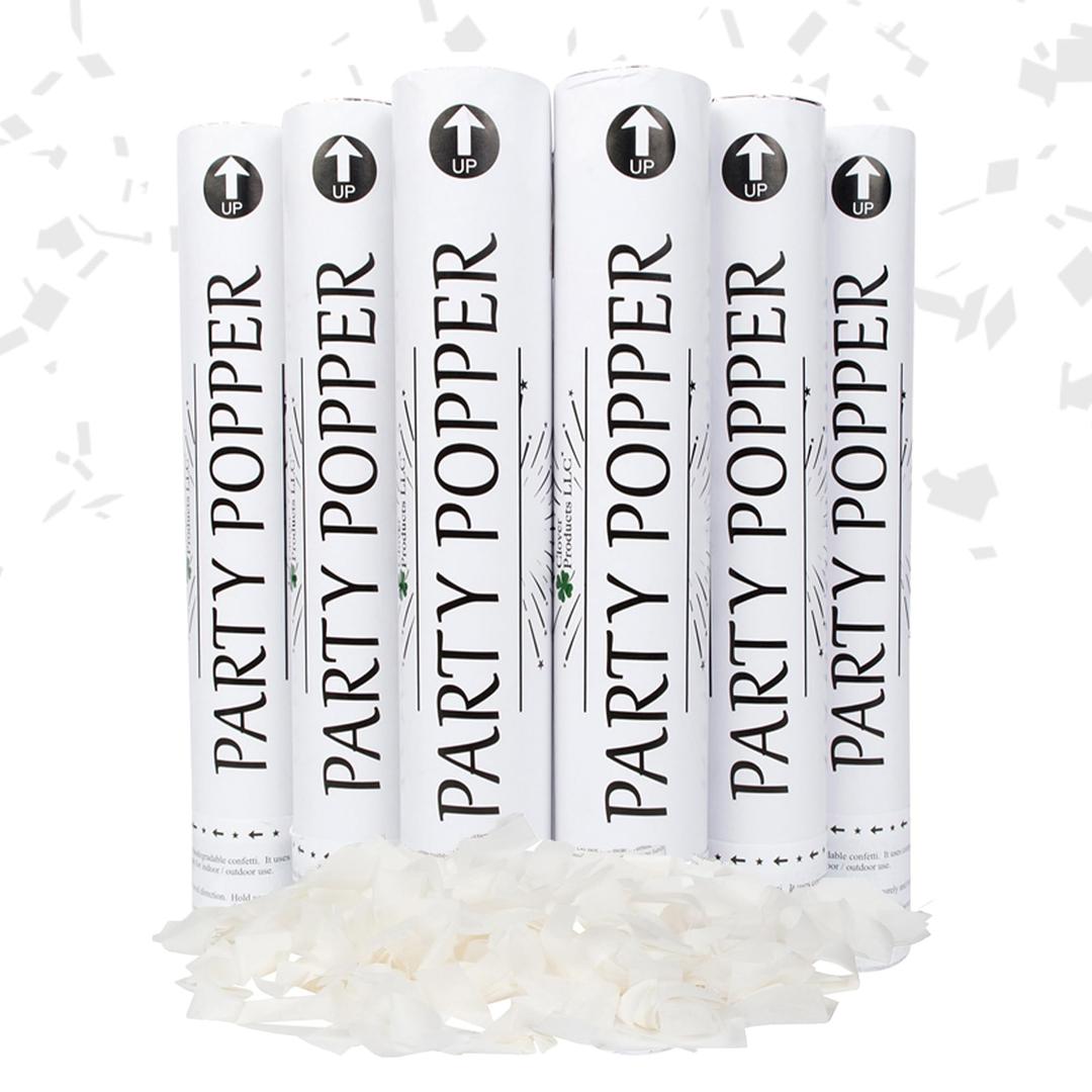 Clover Products Large Premium Wedding Confetti Cannon - (6 Pack) White Biodegradable Paper Confetti Popper | Launches Confetti 20-25 Feet | Party Poppers for Wedding or any occasion.