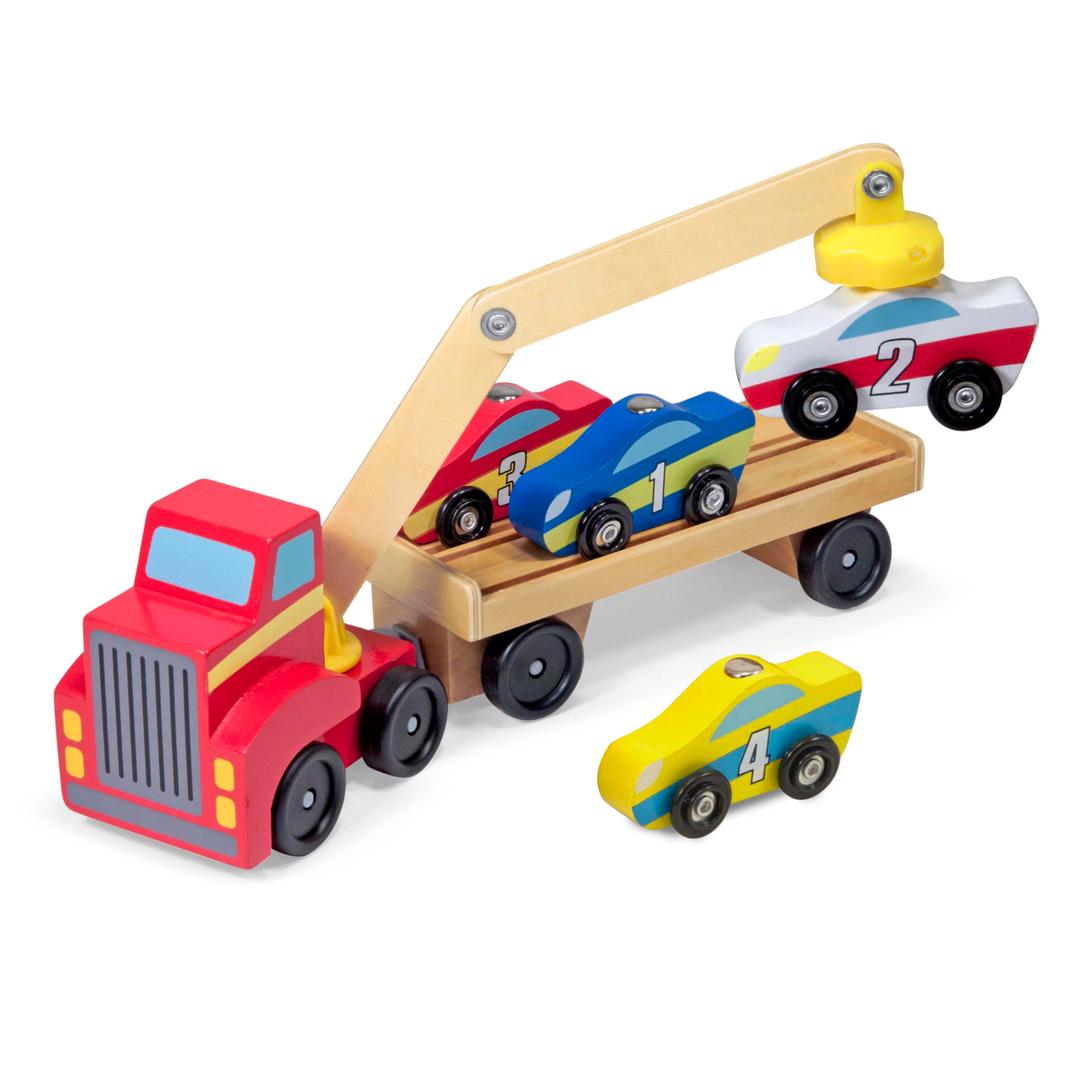 Melissa & DougMagnetic Car Loader Wooden Toy Set With 4 Cars and 1 Semi-Trailer Truck