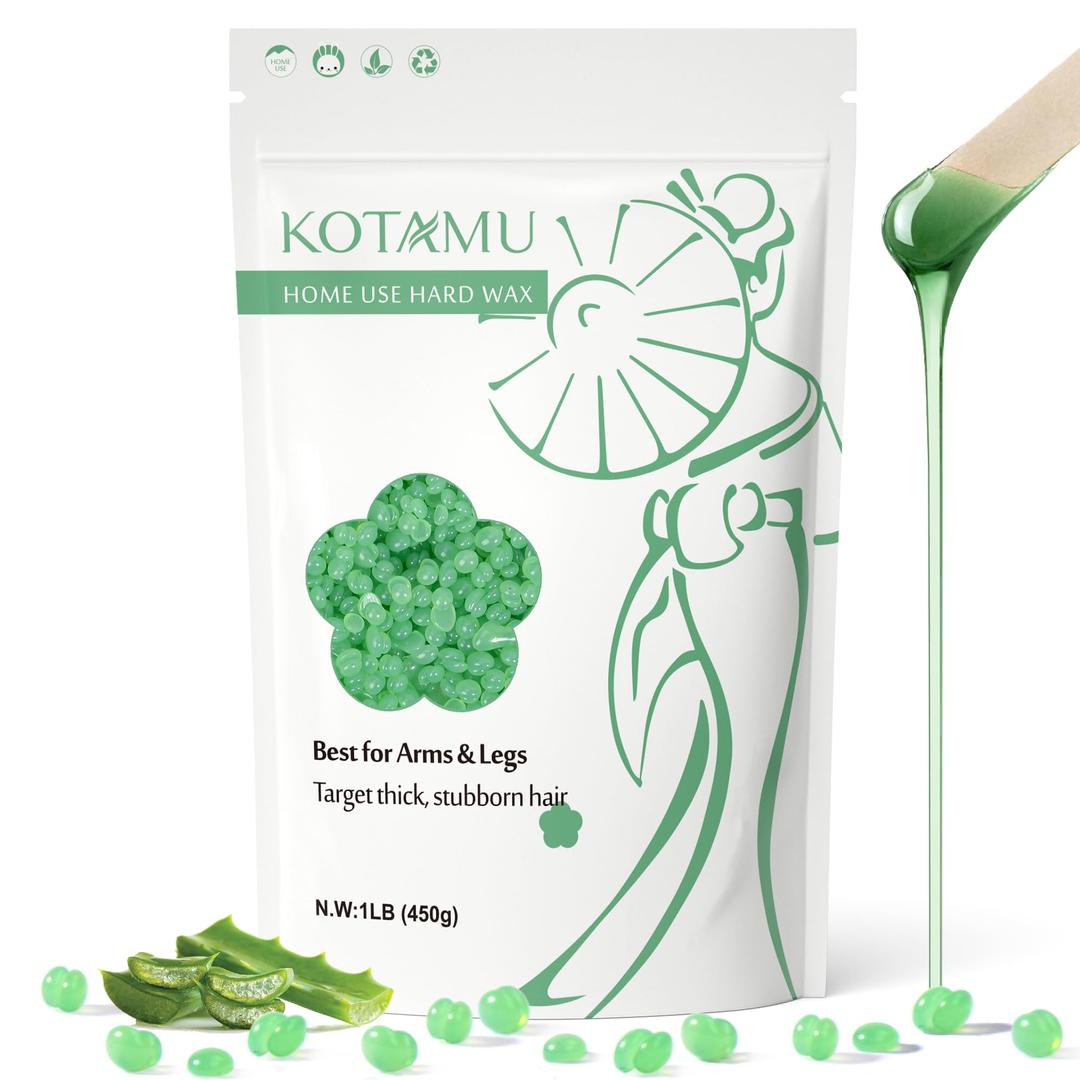 KOTAMUWax Beads 1lb Aloe Vera Hard Waxing Beans for Hair Removal, Sensitive Skin Waxing Pearls for Women & Men Thick & Stubborn Hair, Hardwax Refill for Arms Legs Face Brazilian Bikini Home Waxing