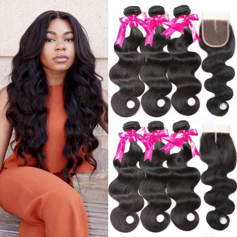 Beauty Princess Body Wave Human Hair 3 Bundles with Closure Double Weft 10A Brazilian Hair Bundles With Closure (24/26/28+20 Inch, 3 Bundles with closure)