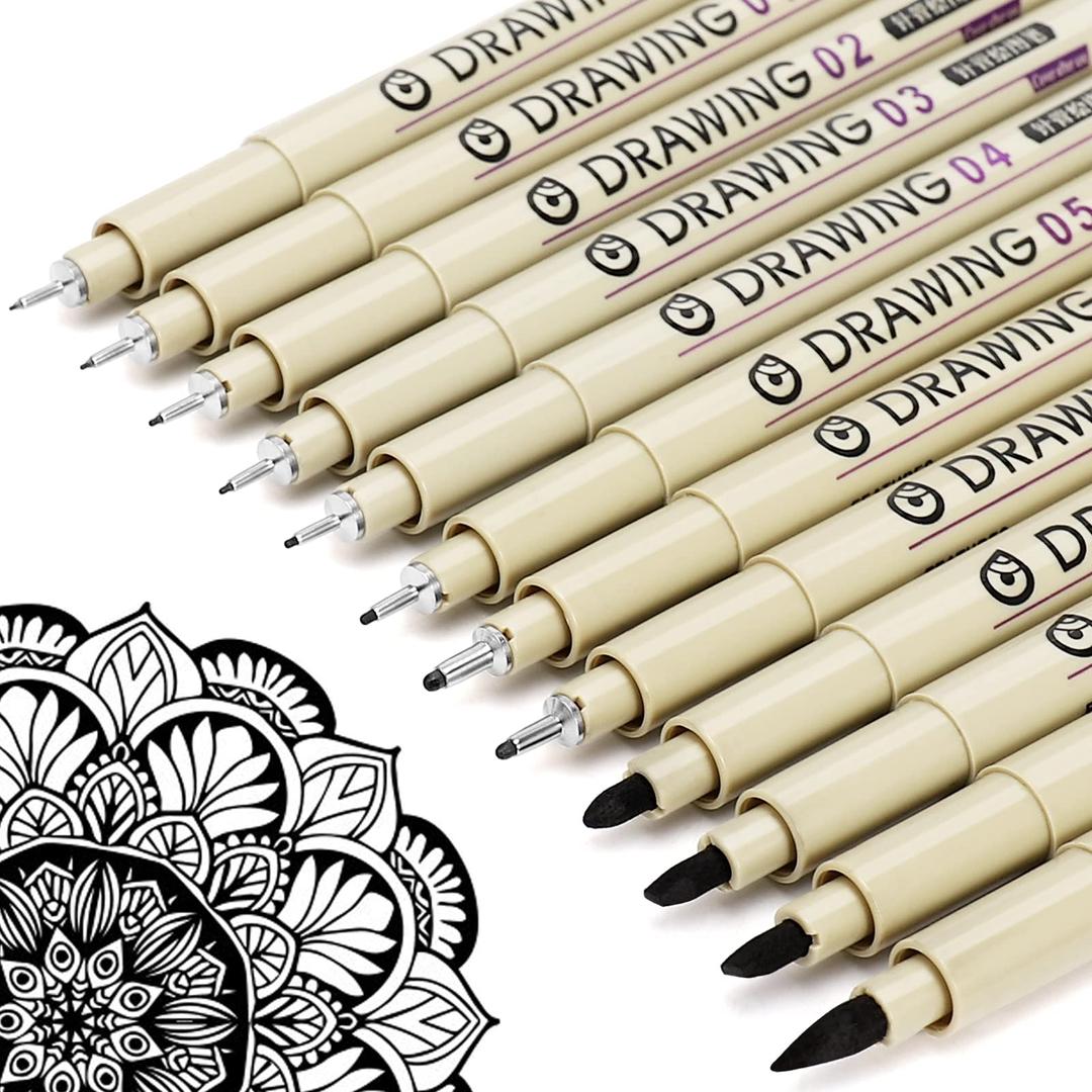 Micro Fineliner Drawing Art Pens: 12 Black Fine Line Waterproof Ink Set Artist Supplies Archival Inking Markers Liner Professional Sketch Outline Anime Manga Sketching Watercolor Zentangle Gift Stuff