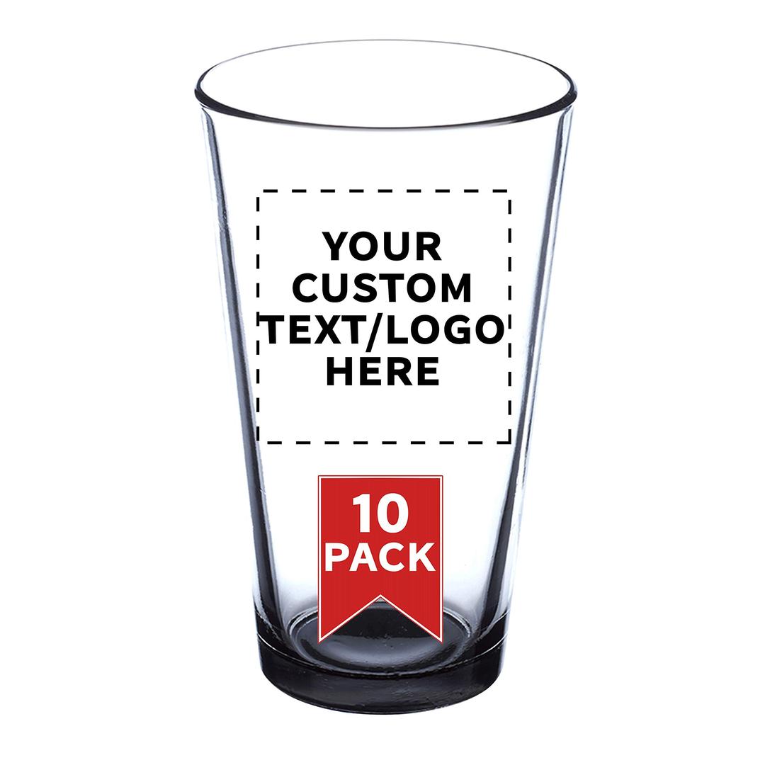 DISCOUNT PROMOS Custom Beer Pint Glasses 16 oz. Set of 10, Personalized Bulk Pack - Heavy Duty Glassware for Restaurant, Thick Base and Walls, Stackable - Black