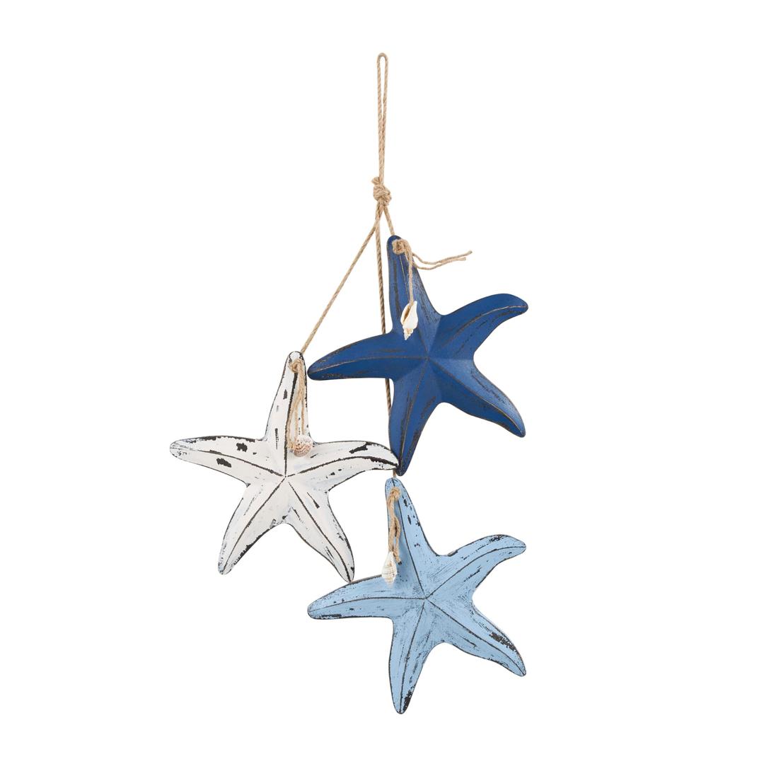 Deco 79 Wooden Starfish Home Wall Decor Distressed Layered Wall Sculpture with Hanging Rope and Decorative Shell Accents, Wall Art 2" x 10" x 27", Blue