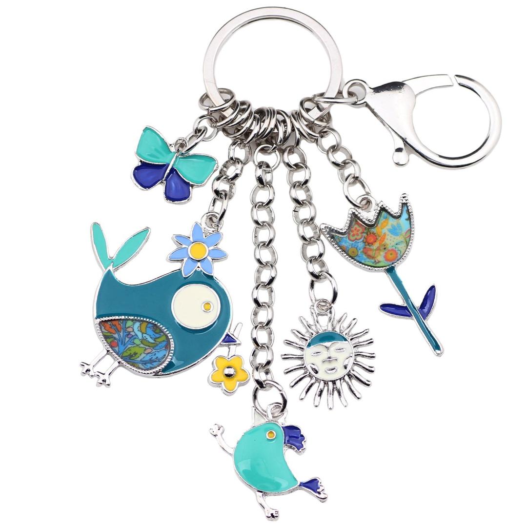 BONSNYEnamel Zinc Alloy Birds Flower Butterfly Key Chains Keyrings For Women Handbag Car Key