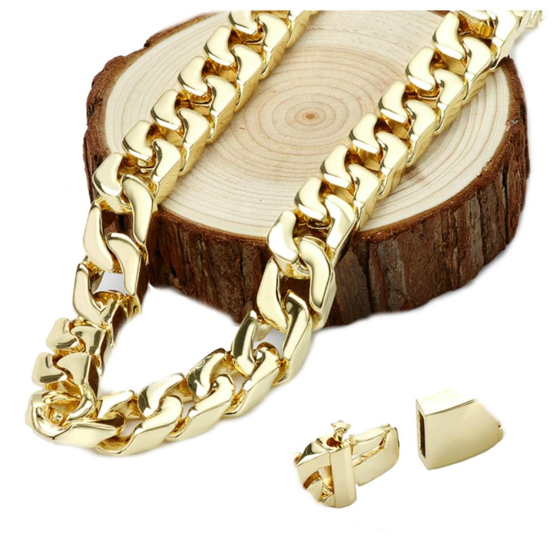 Gold Chain Necklace [ 14mm Thick Miami Cuban Link ] 20X More 24k Plating Than Other Chains for Men - The Look & Feel of Pure Solid Gold - Free Lifetime Replacement 20" to 30"