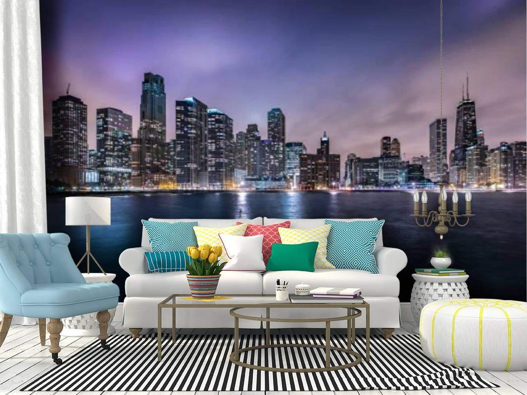 chicago skyline and lake michigan at night blue purple skys and Canvas Print Wallpaper Wall Mural Self Adhesive Peel & Stick Wallpaper Home Craft Wall Decal Wall Poster Sticker for Living Room