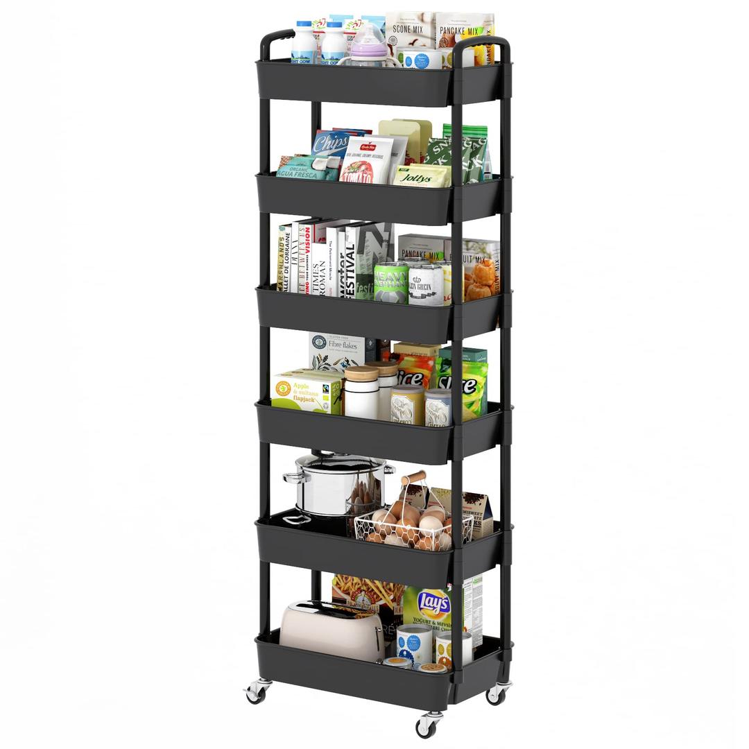 Sywhitta 6-Tier Plastic Rolling Utility Cart with Handle, Multi-Functional Storage Trolley for Office, Living Room, Kitchen, Movable Storage Organizer with Wheels, Black