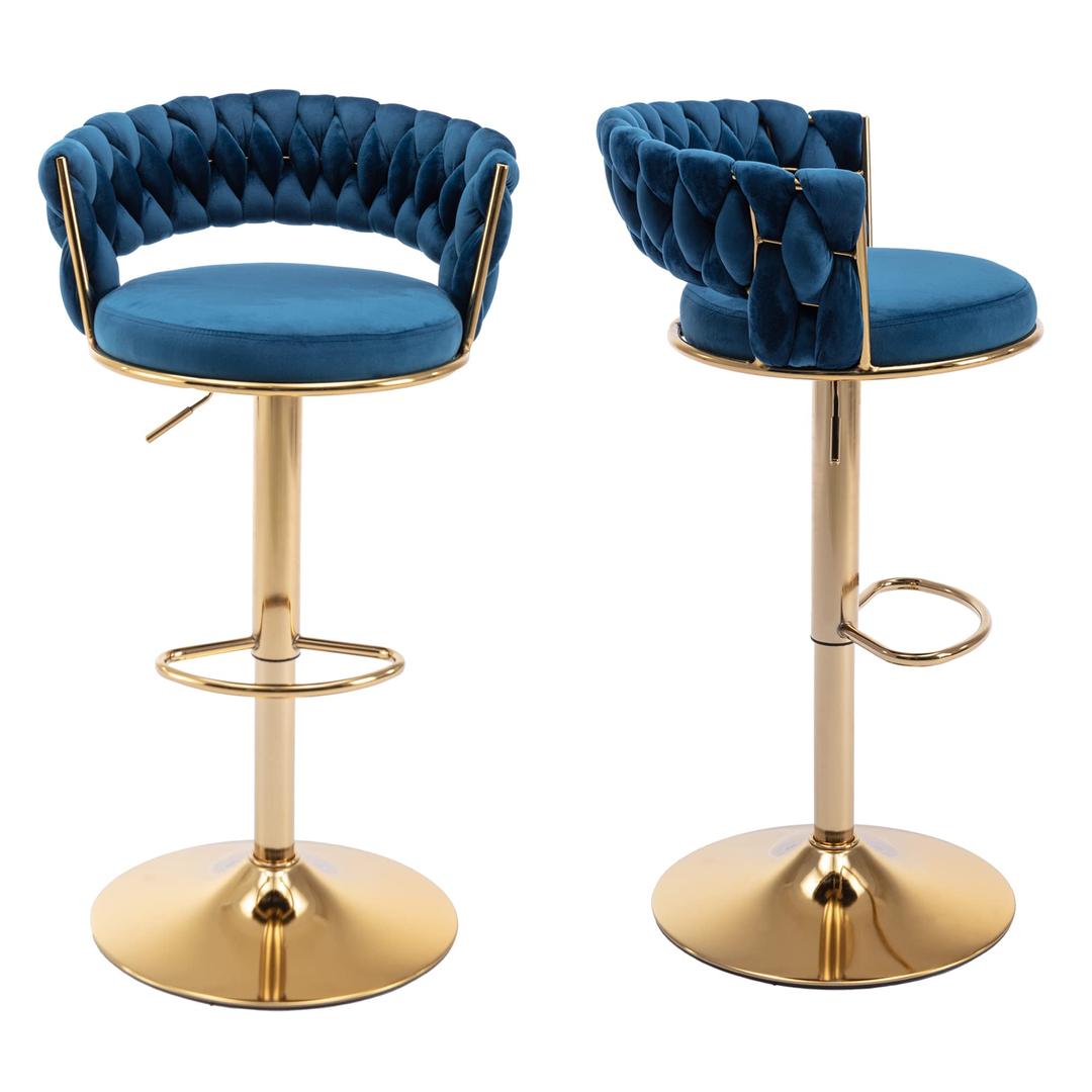 Gold Bar Stool Set of 2, Velvet Woven Barstools, Swivel Counter Stools with Hollow Back, Modern Luxury Kitchen Stools Chairs with Footrest for Cafe, Pub, Beige, Blue