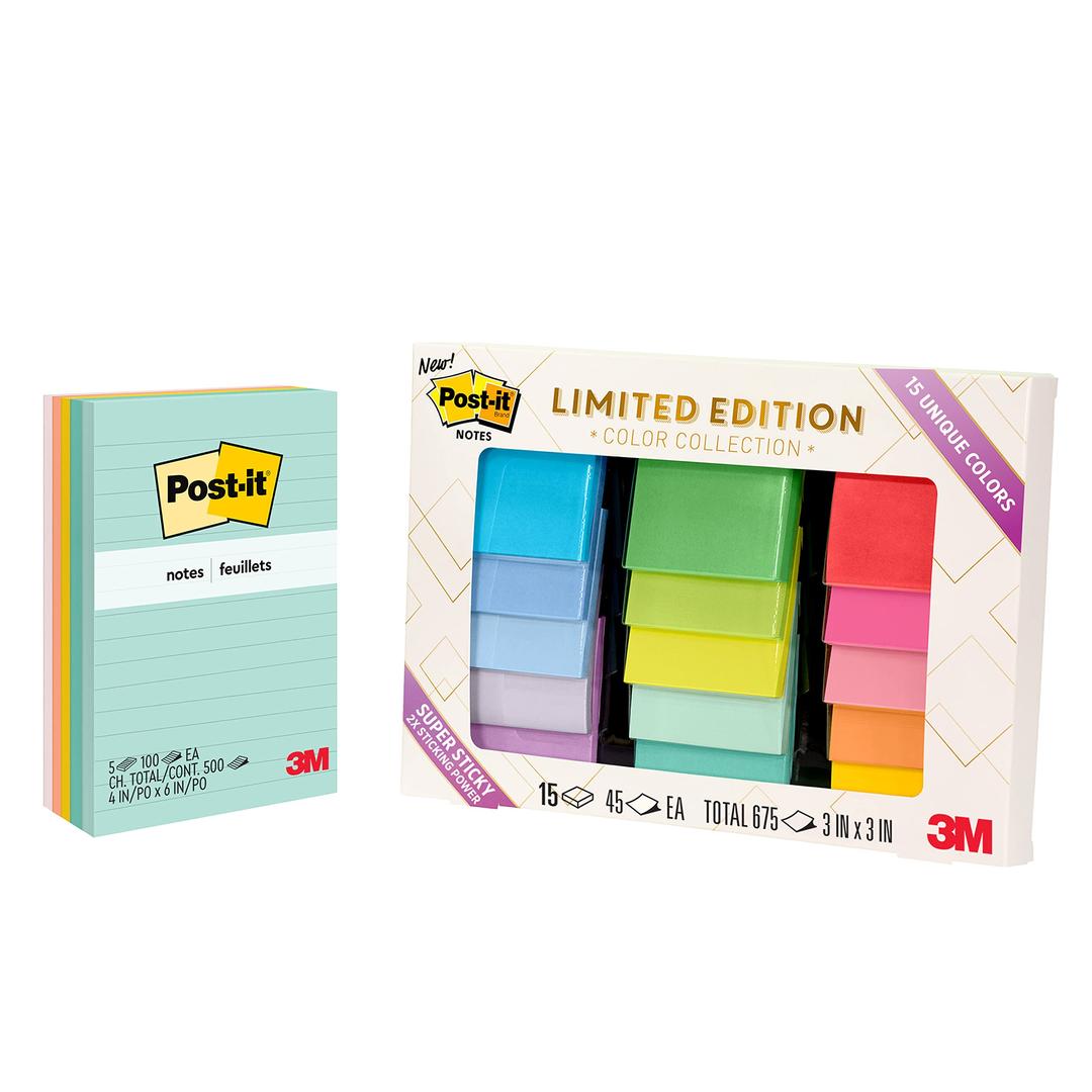 Post-it Super Sticky Notes Limited Edition Pack, 3x3 in, Assorted Colors, 15 Pads/Pack, 45 Sheets/Pa