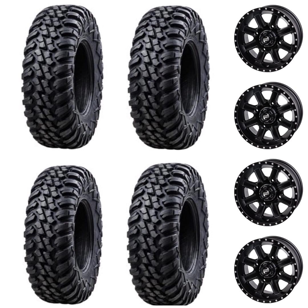 Tusk Racing Four 28x10-14 Tusk TERRABITE 8-Ply Radial UTV Tires mounted on Tusk CASCADE Wheels - For POLARIS applications - 4/156 bolt pattern - Includes Lug Nuts (4+3 Wheel Offset, Matte Black)