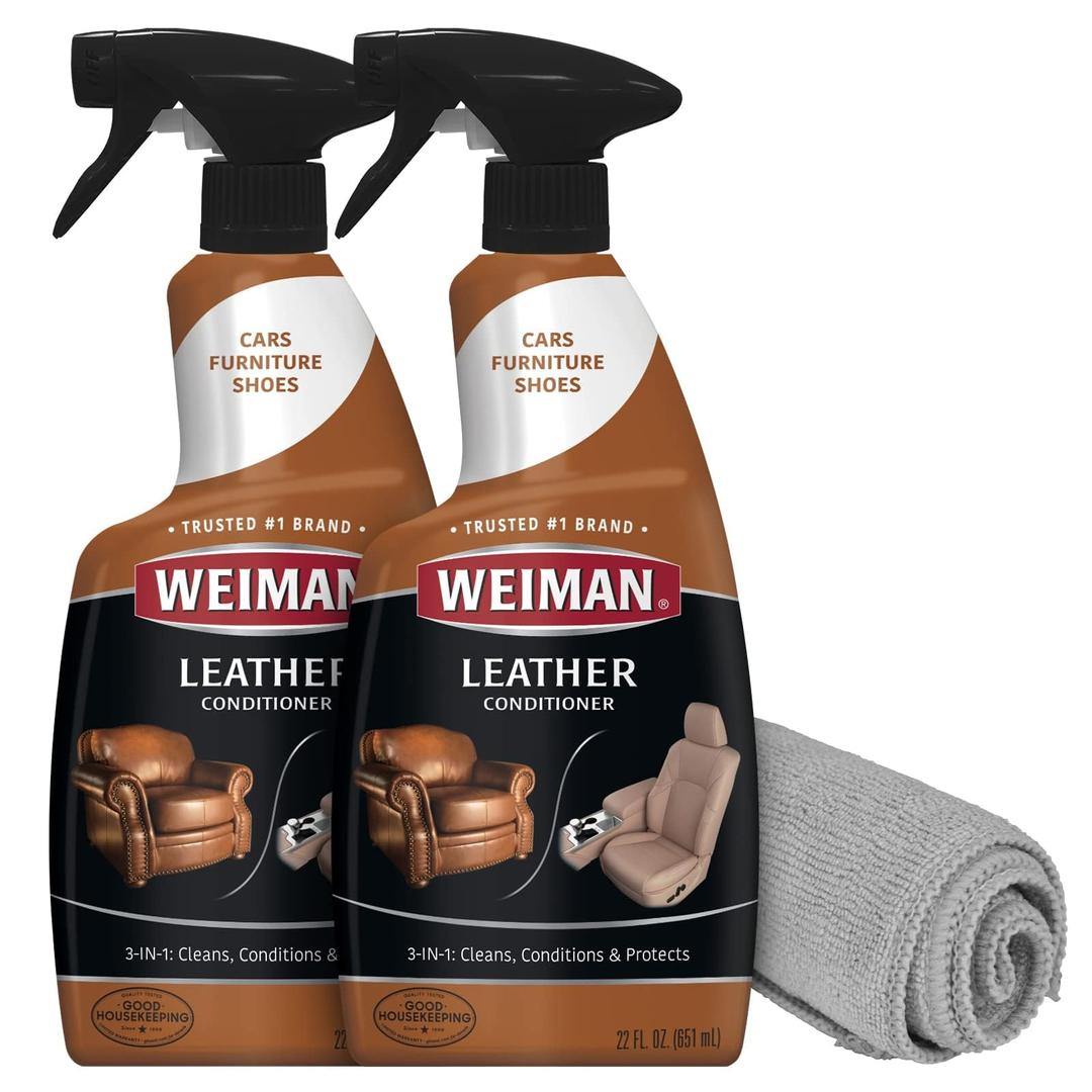 Weiman Leather Cleaner Conditioner & Protector for Couches, Boots, Chairs, Bags, Purses & Auto Interior with Microfiber Towel Included (2 Pack)