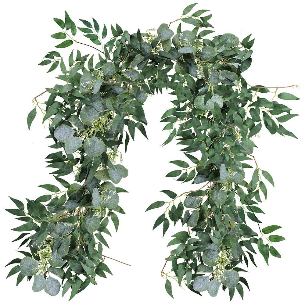 Fake Greenery Garlands Artificial Silver Dollar Eucalyptus Garland in Grey Green and Willow Twigs Garland Intertwined Together for Rustic Wedding Arch Swag Doorways Table Runner Decoration