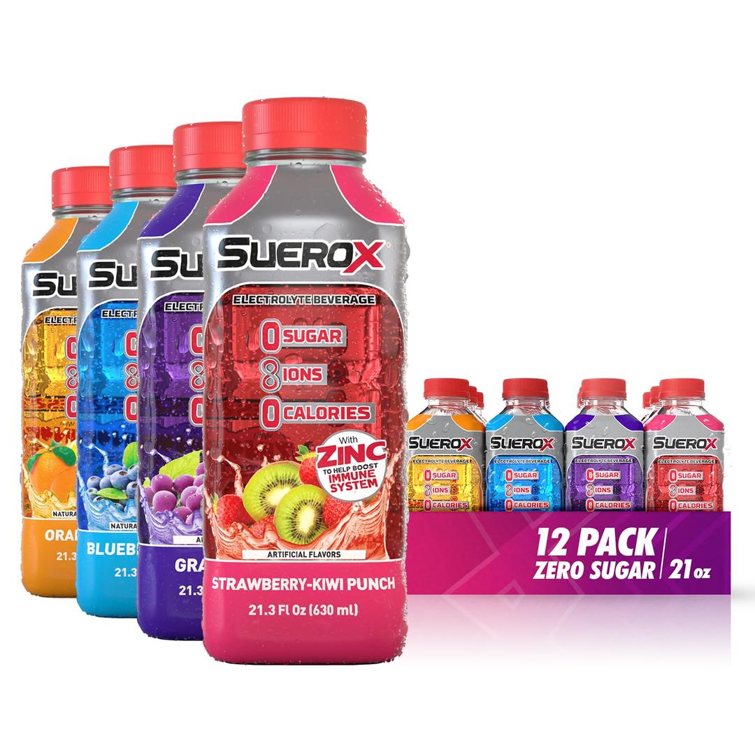 SueroXZero Sugar Electrolyte Drink for Hydration and Recovery, Unique Blend of Electrolytes & 8 Ions, Zero Calorie Sports Drink, 21.3 Fl Oz, Variety Pack, 12 Count