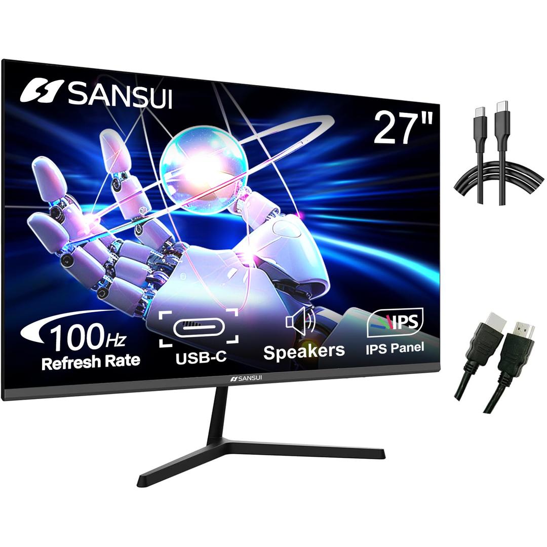 SANSUI Monitor 27 Inch IPS 100Hz Computer Monitor, USB-C FHD HDR Built-in Speakers HDMI DP RTS/FPS Tilt Adjustable VESA Compatible, for Game and Office (ES-27X3 USB-C Cable & HDMI Cable Included)