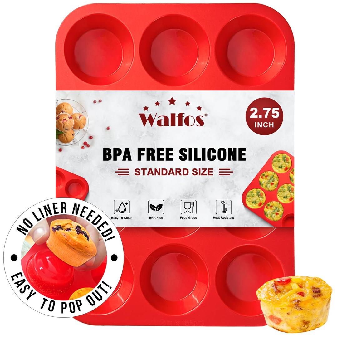 Walfos Silicone Muffin Pan - 12 Cups Regular Silicone Cupcake Pan, Non-stick Silicone Great for Making Muffin Cakes, Tart, Bread - BPA Free and Dishwasher Safe