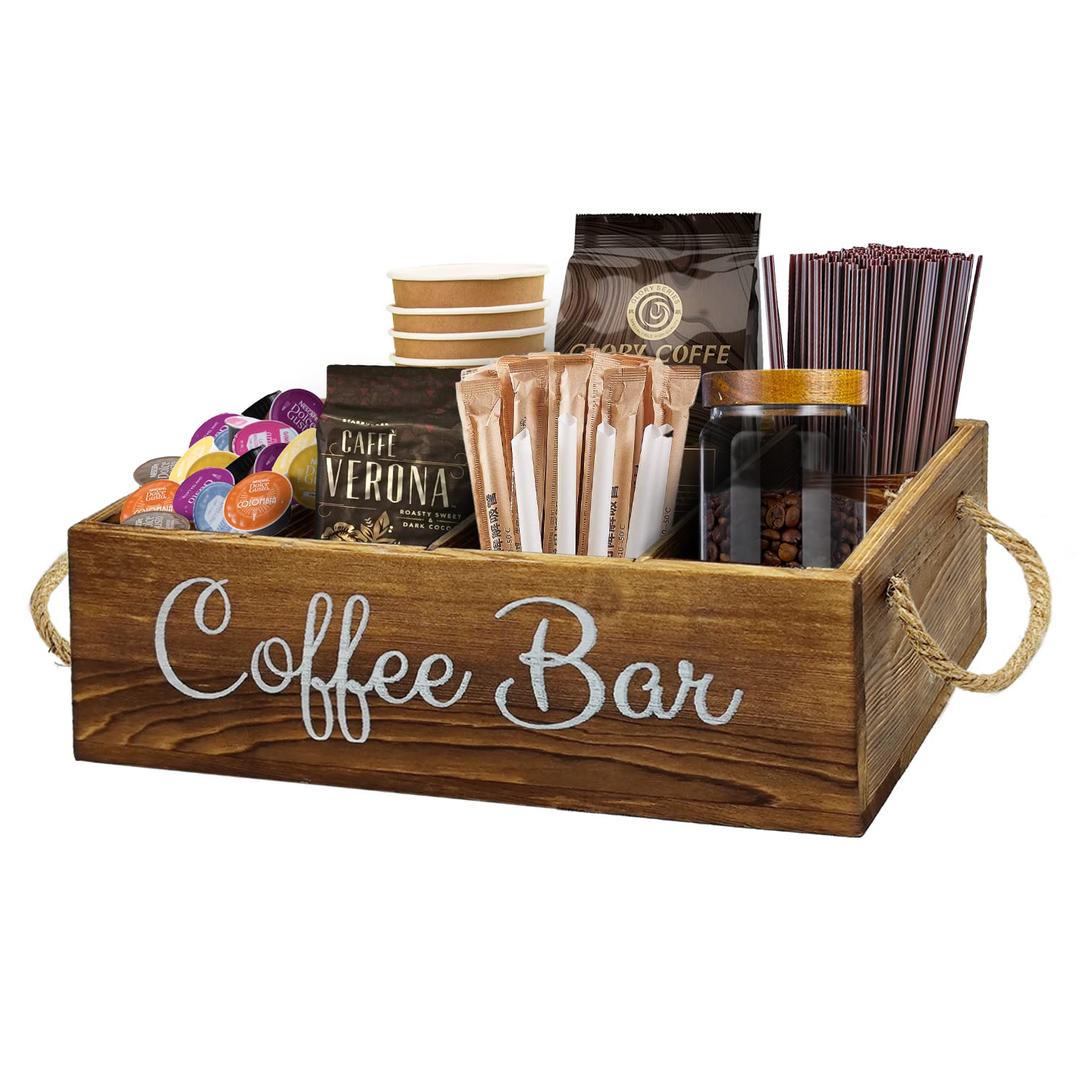 Coffee Station Organizer with Small Removable Dividers, Wooden Coffee Bar Accessories Storage For Countertop, Farmhouse Kcup Coffee Pod Holder Basket With Handle For Coffee Lover