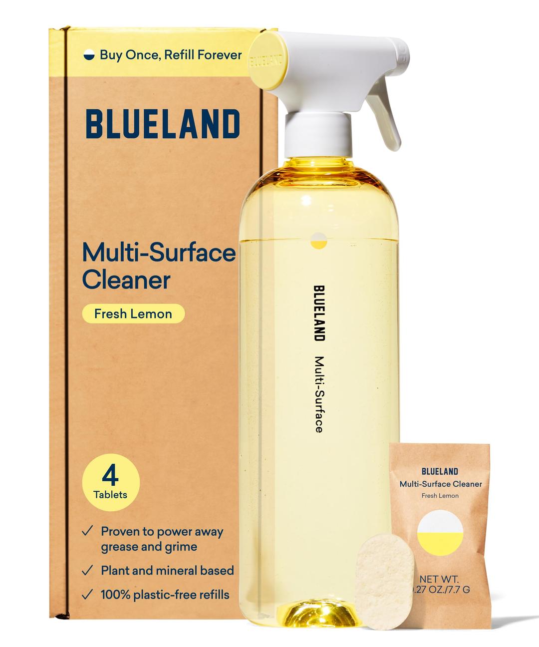 BLUELANDMulti-surface All Purpose Cleaner | Spray Bottle with 4 Refill Tablets | Eco Friendly Products & Cleaning Supplies - Fresh Lemon Scent | Makes 4 x 24 Fl oz Bottles (96 Fl oz total)