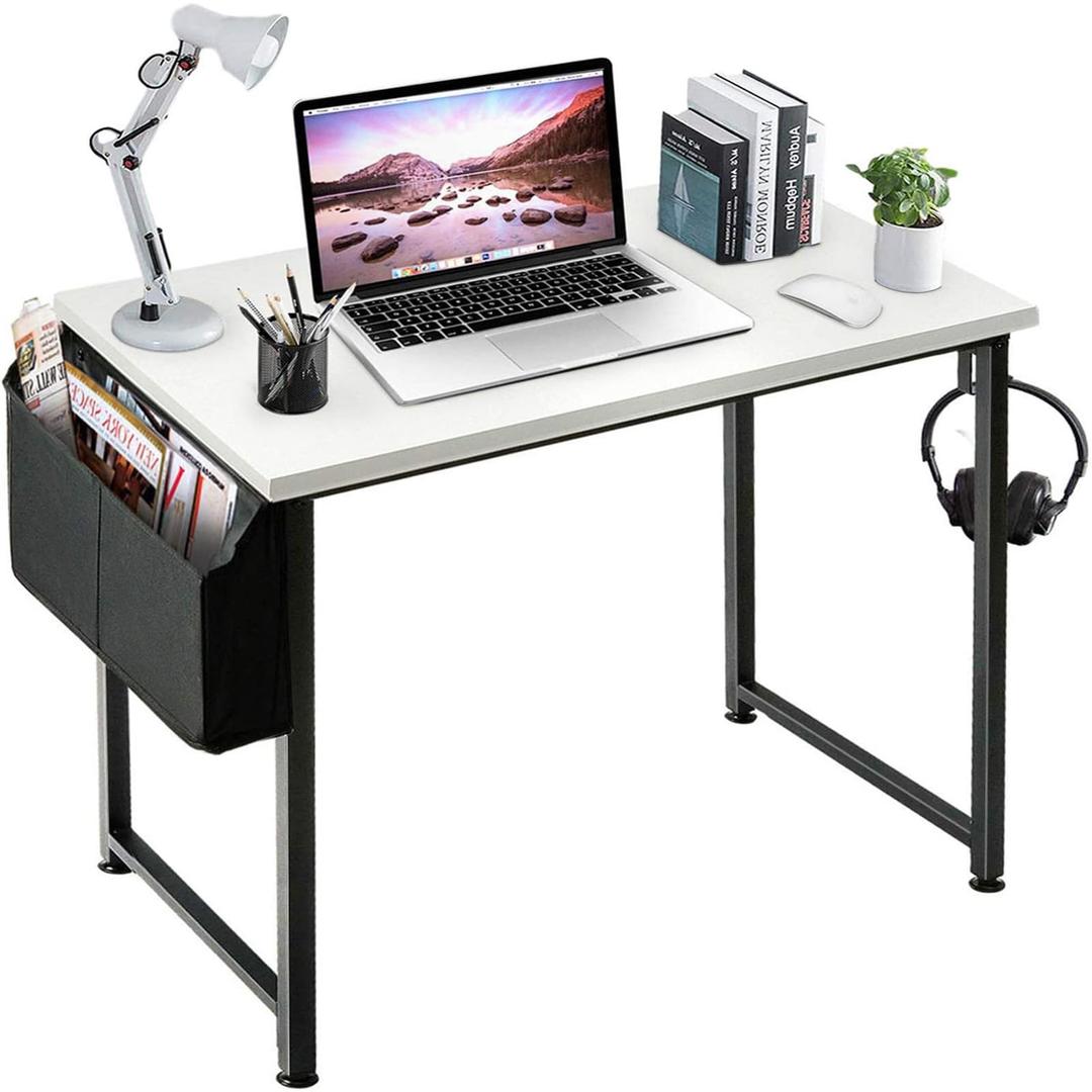 LufeiyaSmall Computer Desk White Writing Table for Home Office Small Spaces 31 Inch Modern Student Study Laptop PC Writing Desks with Storage Bag Headphone Hook, White Black