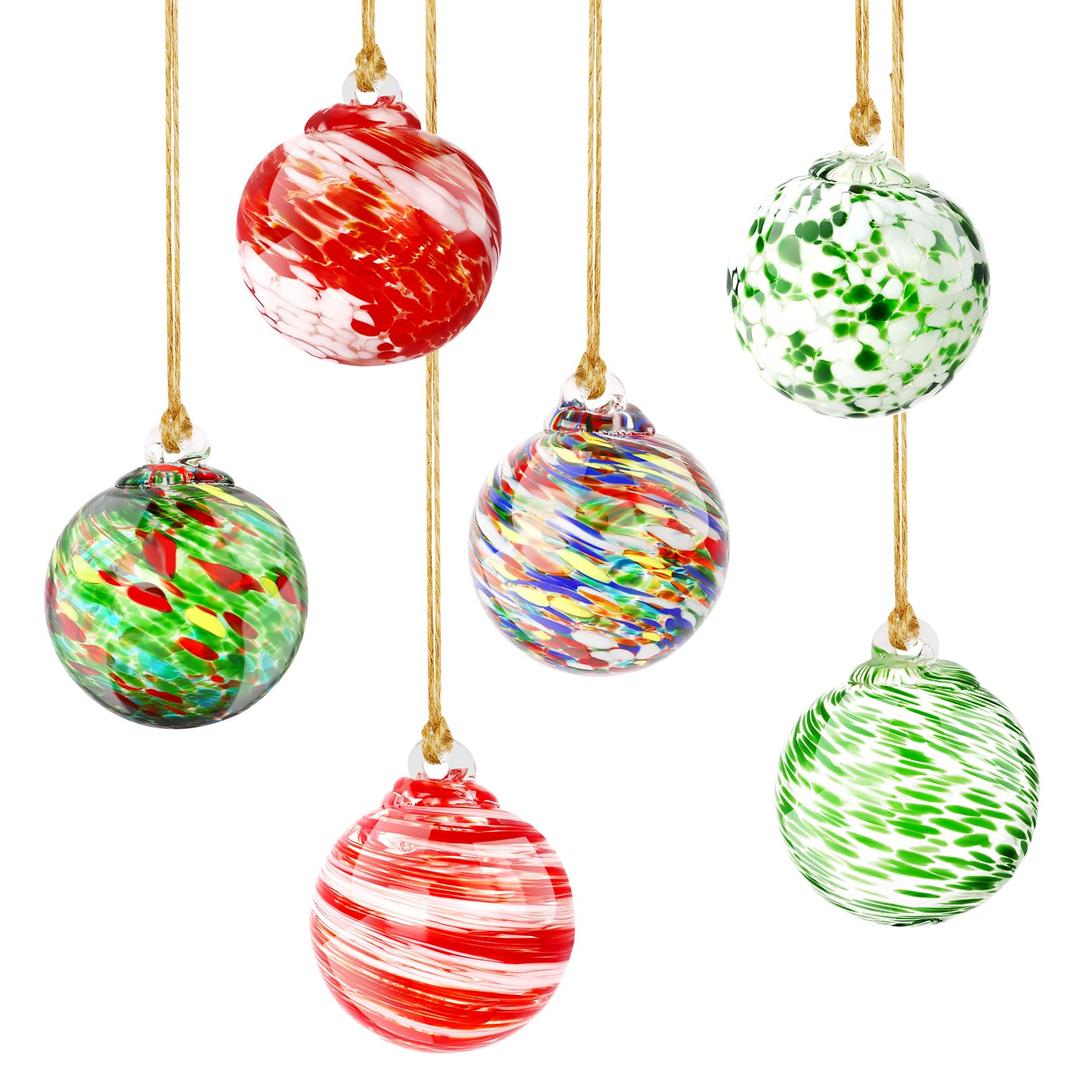 Glass Christmas Ball Ornaments, 6 PCS Hand Blown Glass Ornaments Balls Hanging Friendship Balls Glass Witches Balls Gazing Balls for Home Window Outdoor Garden Patio Décor