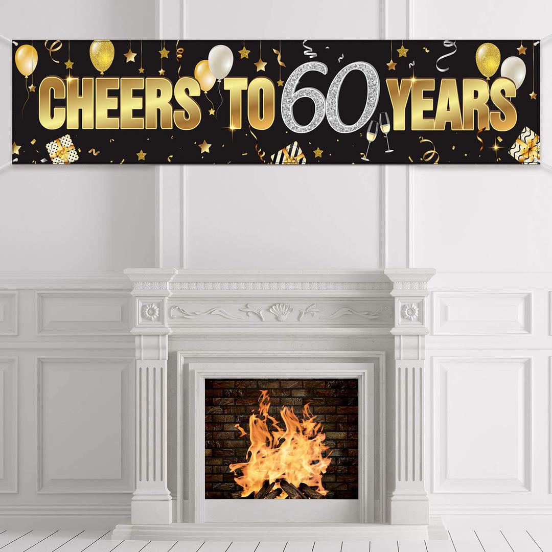 Cheers to 60 Years 60th Birthday Banner Decorations for Men Women Happy 60th Birthday Banner Birthday Party Supplies Black Gold Backdrop for 60th Birthday Decor (70.9 x 15.7 Inch)