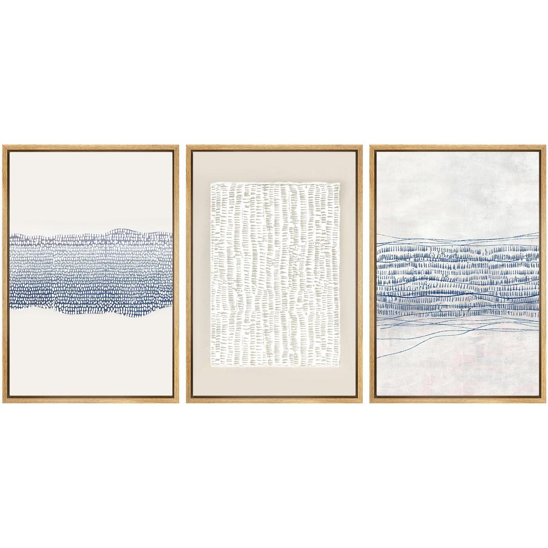 SIGNWINFramed Canvas Print Wall Art Set Blue White Grunge Geometric Pattern Abstract Shapes Cozy Neutral Decorative Contemporary Minimal for Living Room, Bedroom, Office - 16"x24"x3 Natural