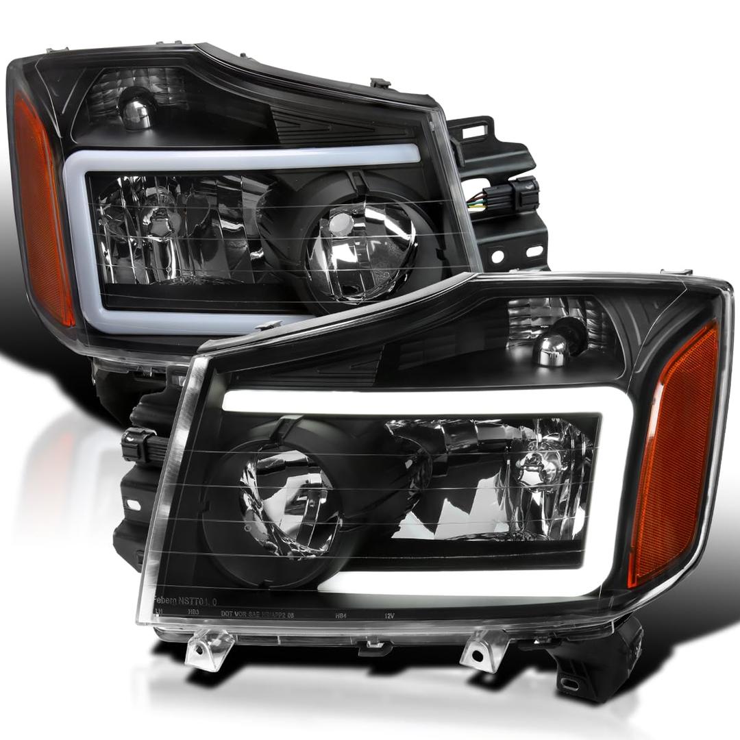 Spec-D Tuning Black Housing Clear lens Headlights Lamps w/LED Light Bar Compatible with Nissan Titan 2004-2015, 2004-2007 Armada, L+R Pair Head Light Lamp Assembly