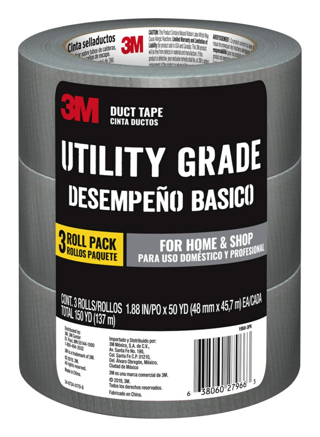 3M Utility Duct Tape, 3 Rolls, 1.88" in x 50 yd, Strong Adhesive, Adheres to Multiple Surfaces, Hand-Tearable, Silver Color Tape, Sticks Instantly, Perfect for Home & Shop Use (1950-3PK)