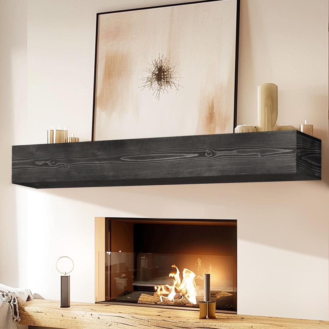 Fireplace Mantel, 6'' Thick Wall Decor Long Floating Shelf, 60inch Rustic Wood Shelf with Invisible Brackets, Black