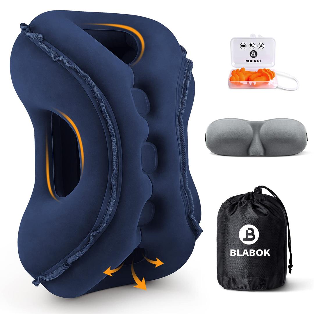 Inflatable Travel Pillow,Multifunction Travel Neck Pillow for Airplane to Avoid Neck and Shoulder Pain,Support Head,Neck,Used for Sleeping Rest, Airplane and Home Use,with Eye Mask, Earplugs,Blue